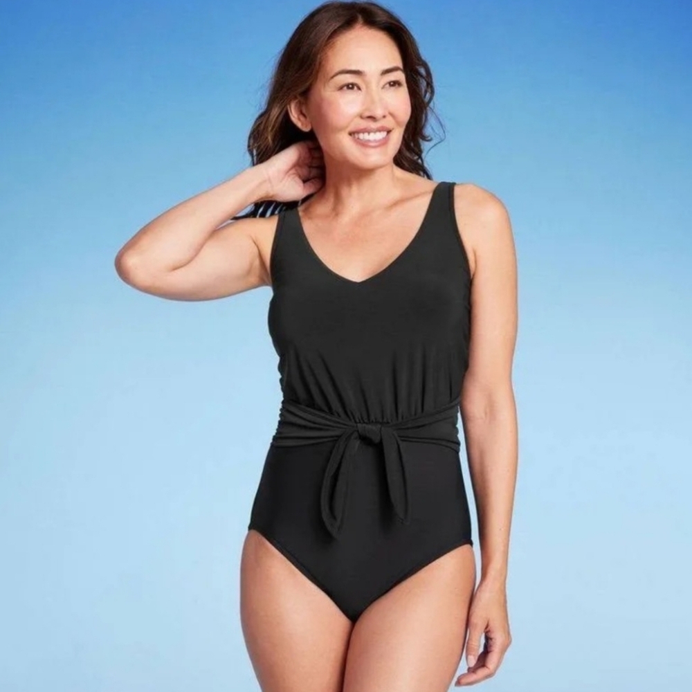 Aqua Green Black Waist Tie One Piece Swimsuit Vacation Beach Resortwear - Picture 2 of 15